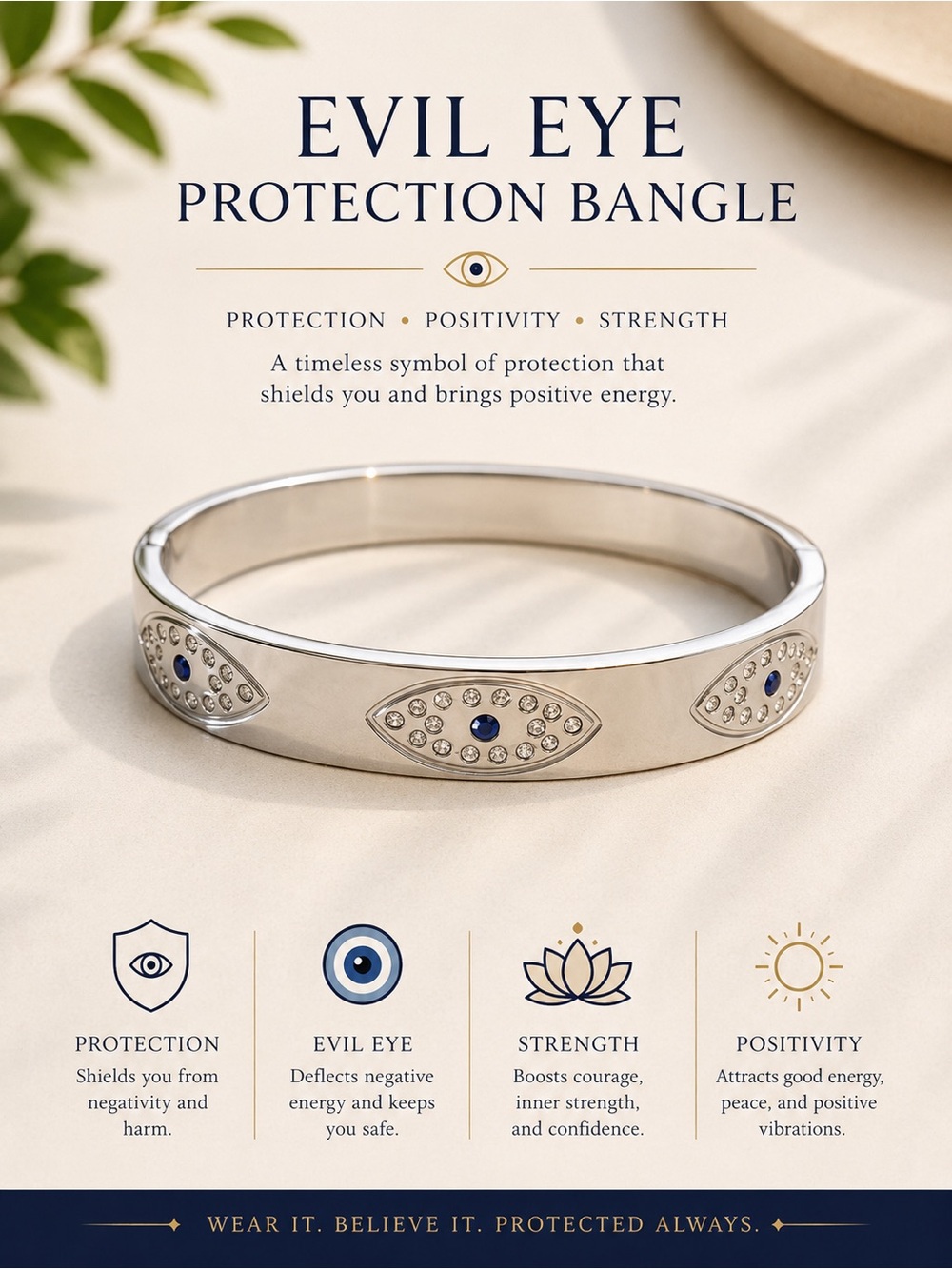 Evil Eye Protection Bangle - Silver with Blue Accents